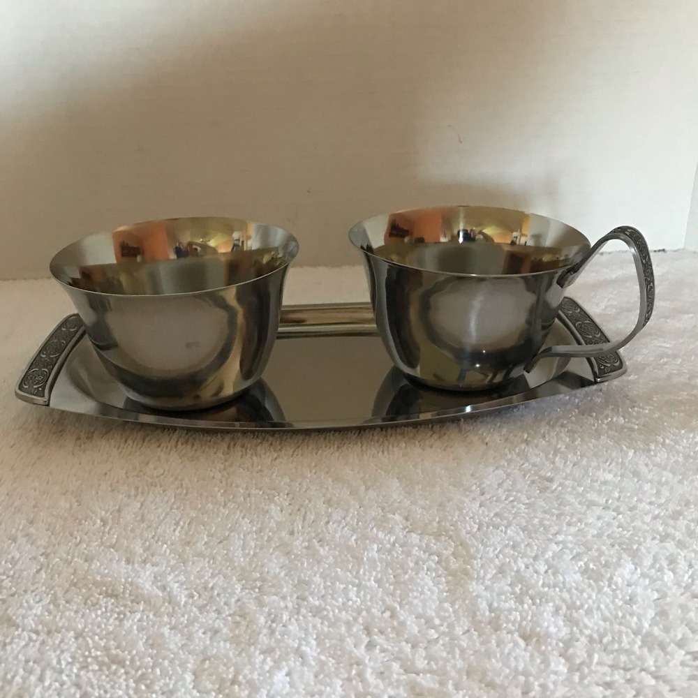 Vintage Creamer And  Sugar Bowl‎ Set With Stainless Tray